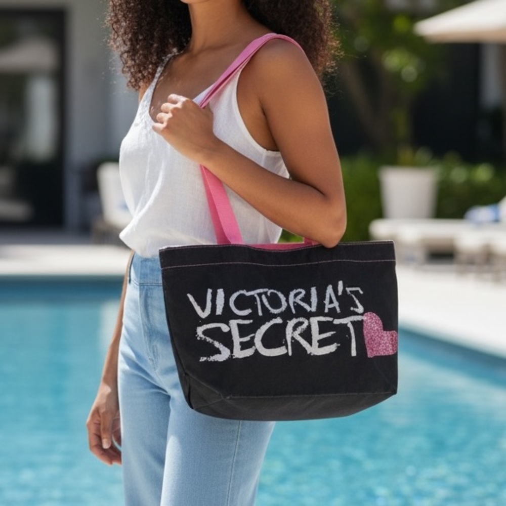 Victoria's Secret Black Tote with Pink Straps and Glitter Heart